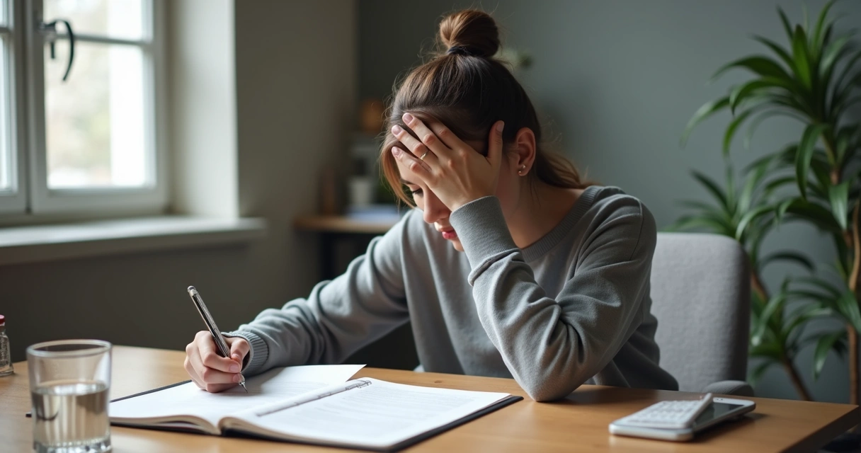 Person seated at a desk pausing before a decision