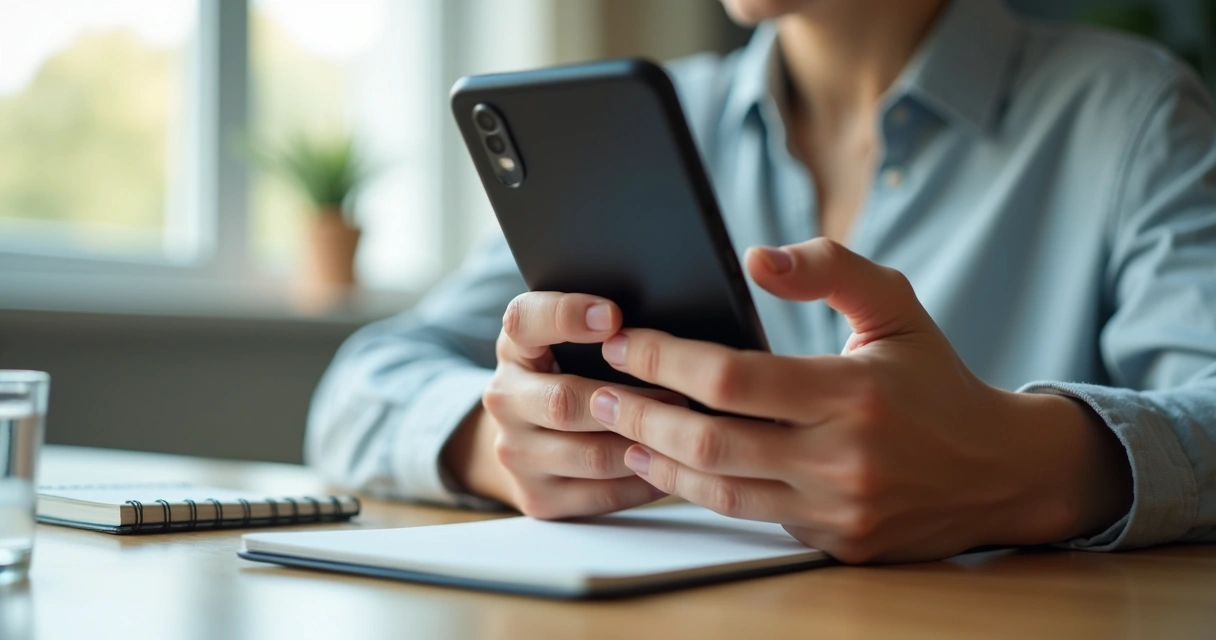 Person pausing with phone in hand at a quiet table