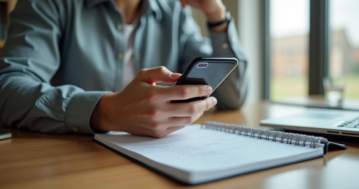 Person pausing before replying to a message at a desk 