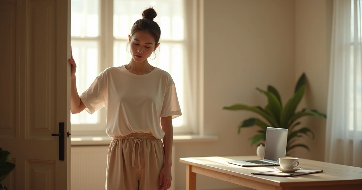 Person pausing by a doorway for a mindful check-in 