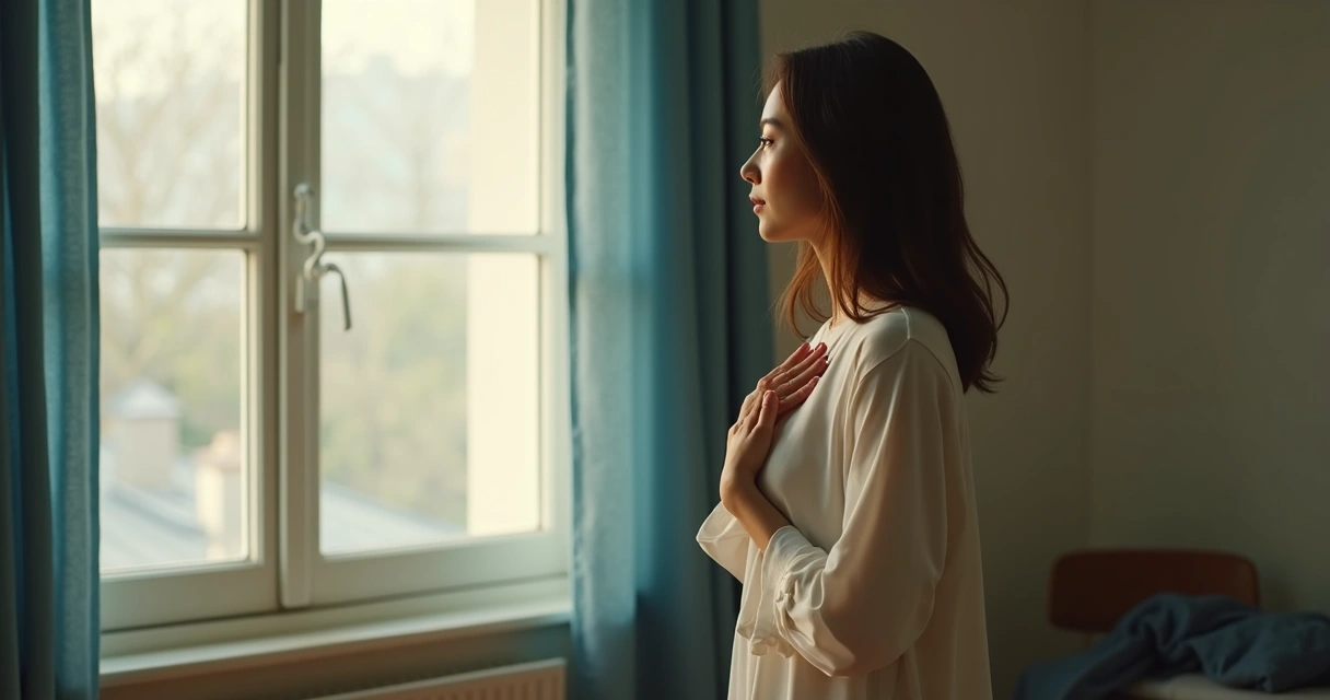 Person standing by a window in quiet reflection