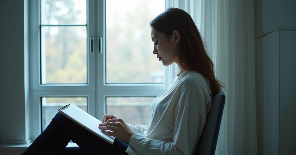 Person reflecting by a window with a notebook 