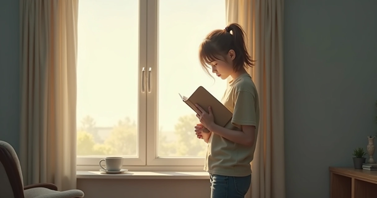 Person pausing by a window with a notebook in hand 