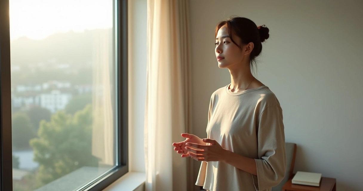 Person standing by a window in quiet reflection