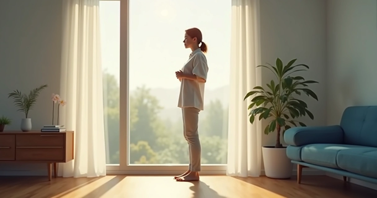 Person standing quietly by a window with a hand on chest 