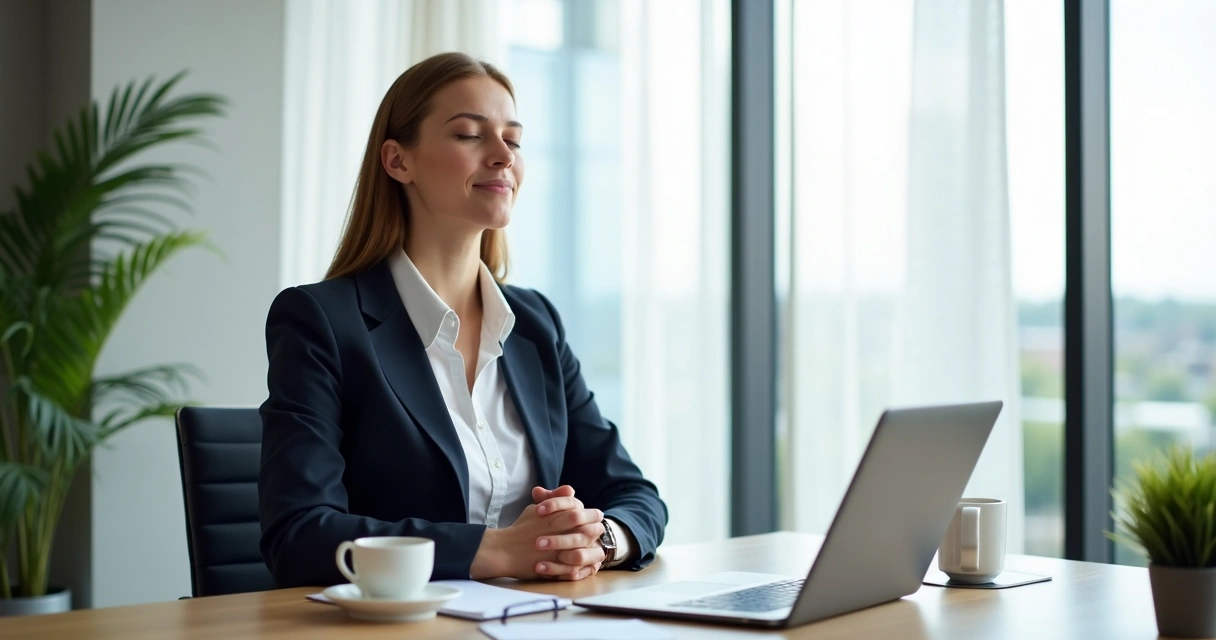 Professional taking a pause with calm body language at desk