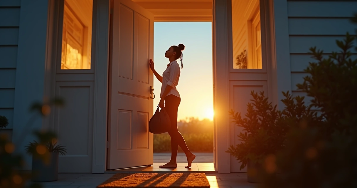 Person pausing thoughtfully before entering home at dusk 