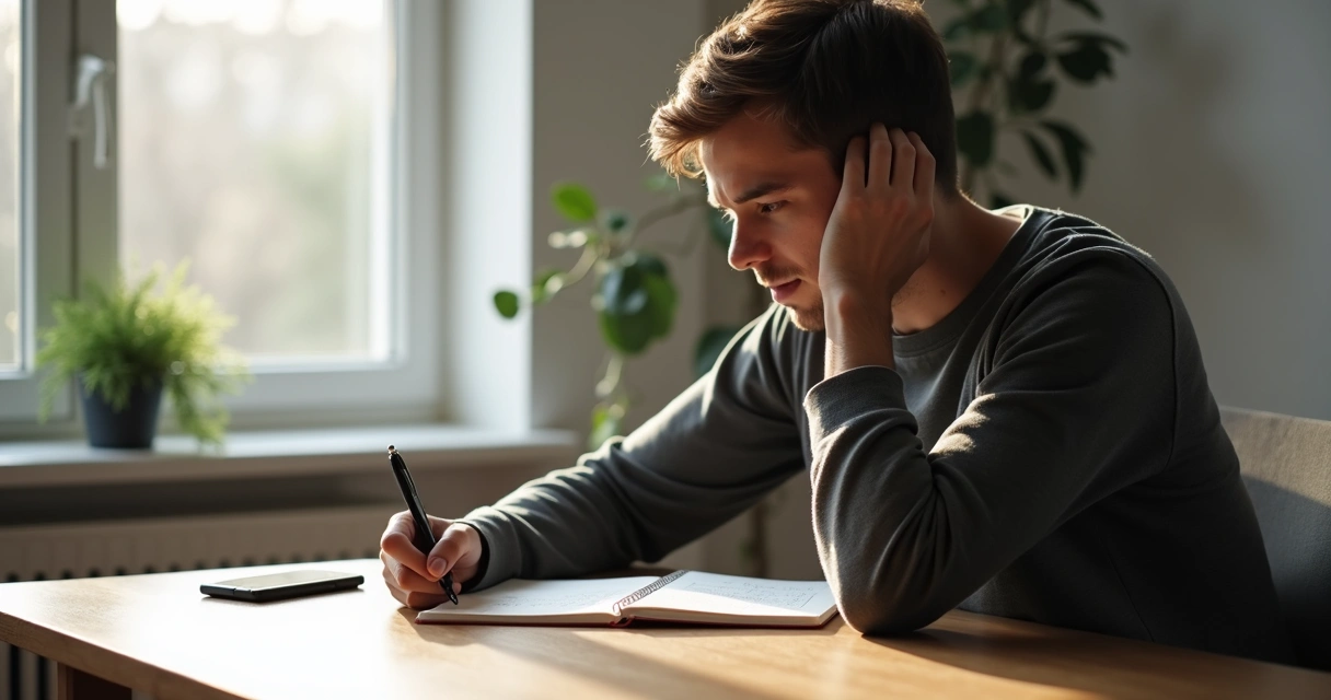 Person pausing to reflect in a journal at a desk