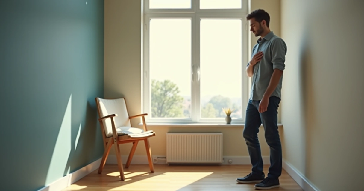 Person pausing by a window with hand on chest 
