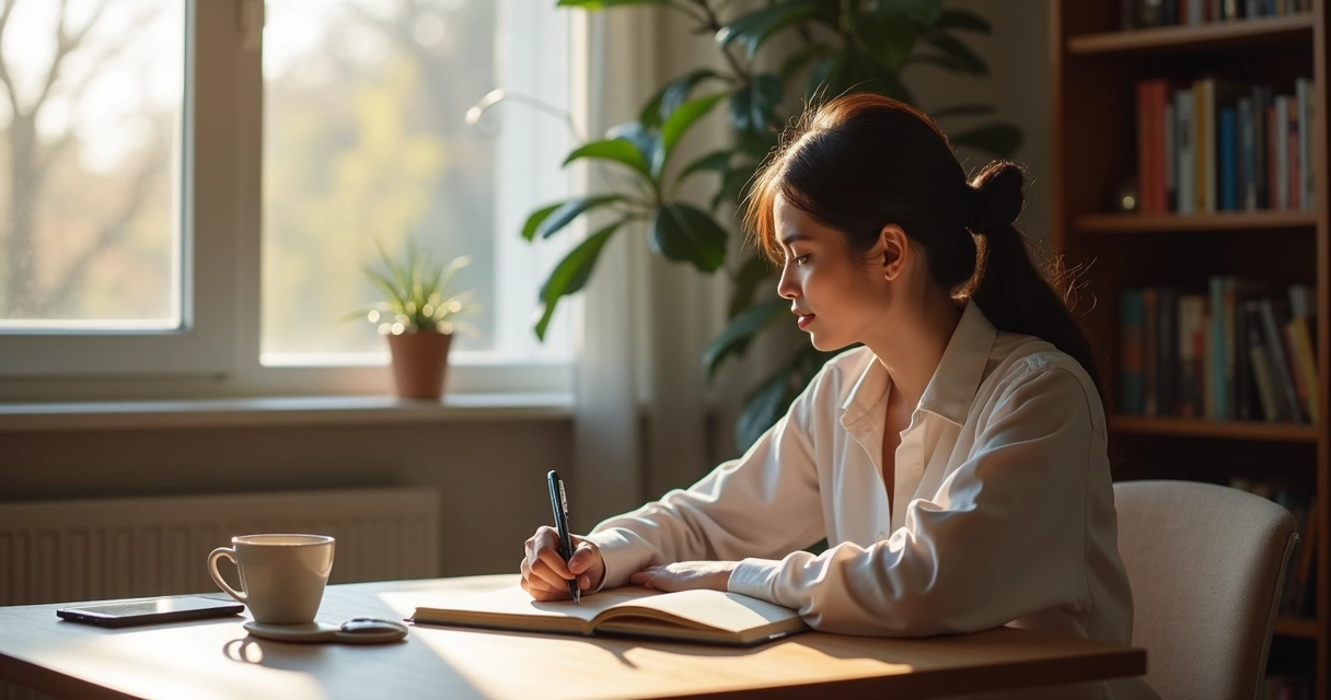 Person pausing at a desk with a journal and tea 