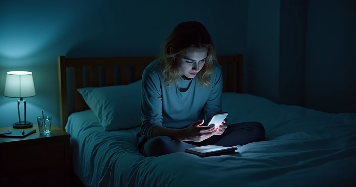 Person looking at a phone in a dim room at night