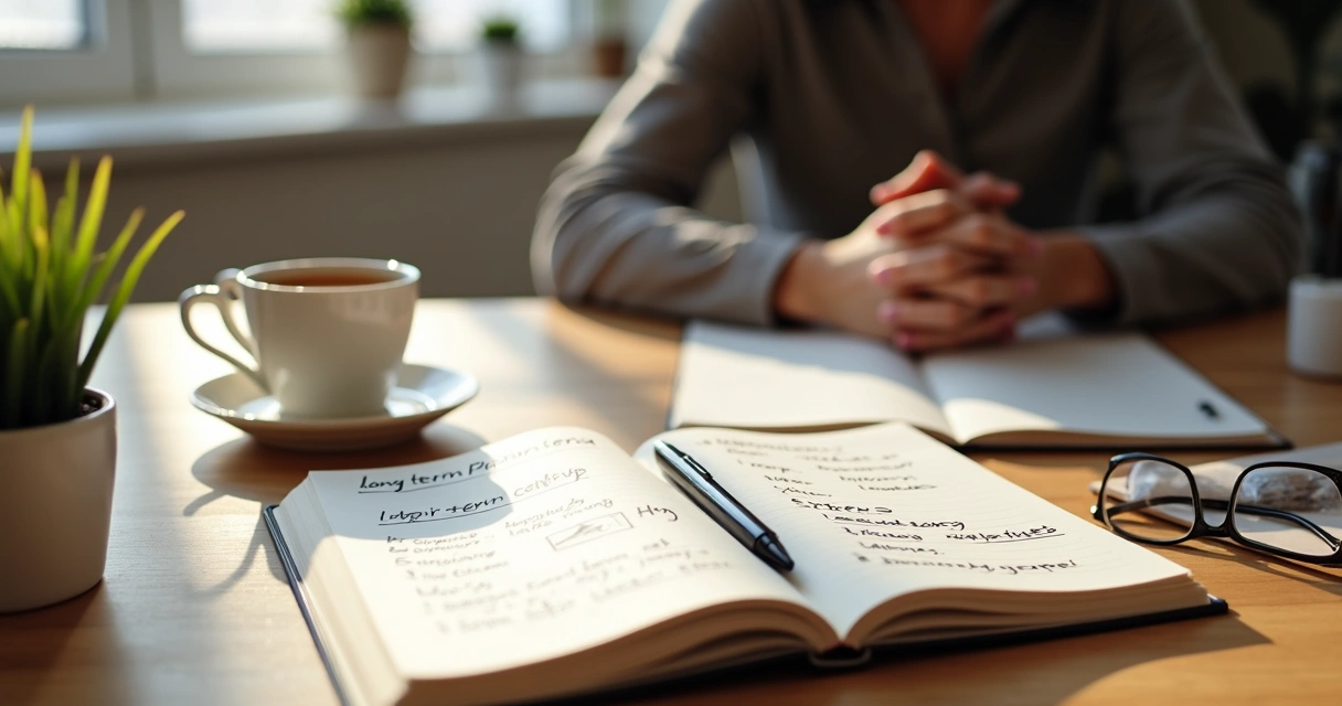 Open journal with life planning notes beside a calm desk setup 