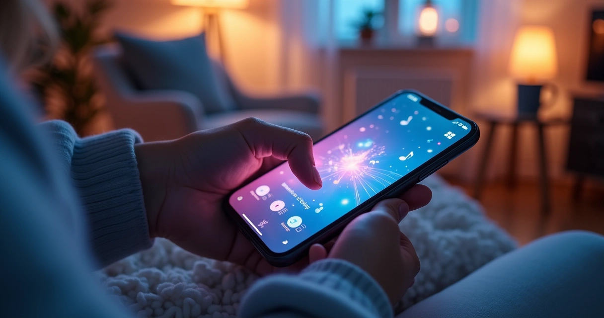 Pessoa segurando um smartphone jogando um jogo de ritmo com batidas coloridas.