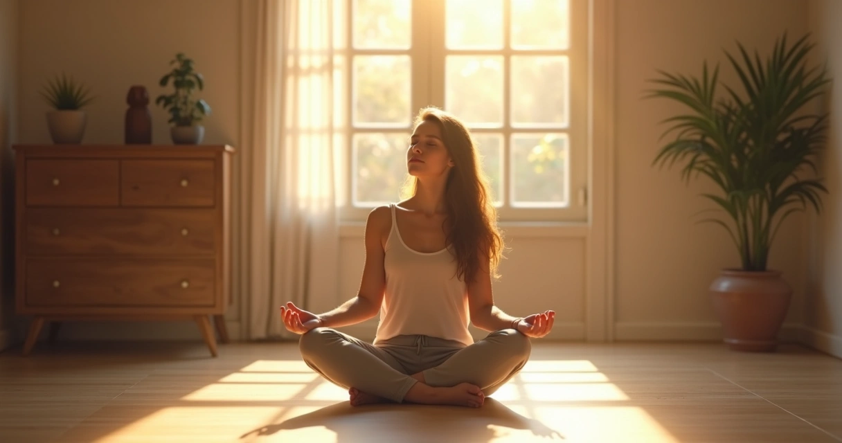 Person eyes closed seated cross-legged, hand on heart reflecting in soft natural light