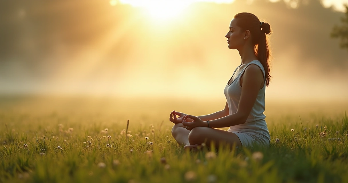 Person sitting in meditation, surrounded by nature, calm expression, soft morning light 