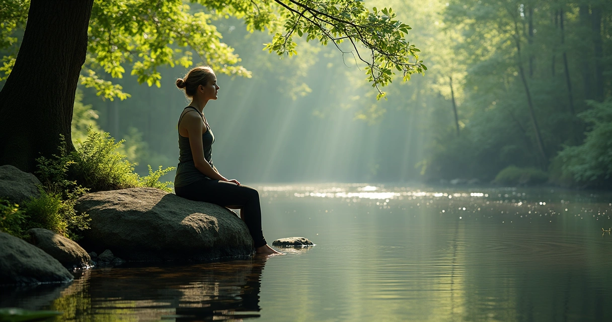Woman in quiet reflection sitting by a forest pond 