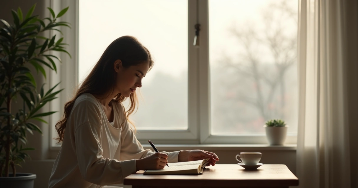 Person sitting by a window writing in a journal