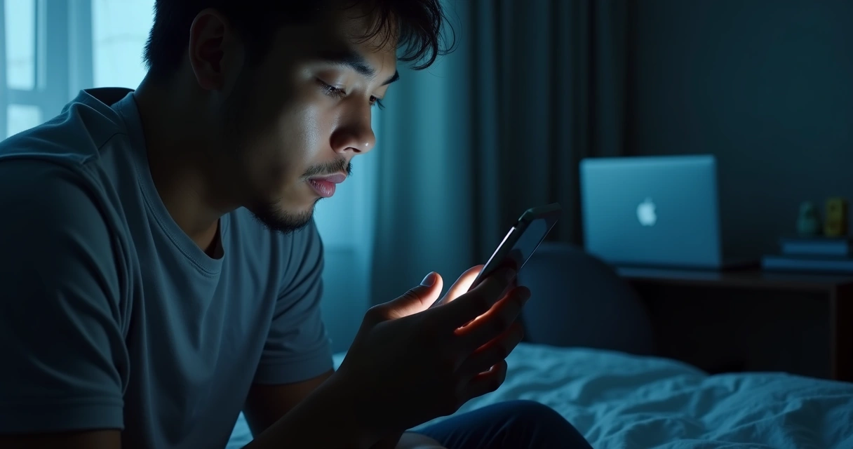 Person looking at a phone with harsh comments reflected on the screen 