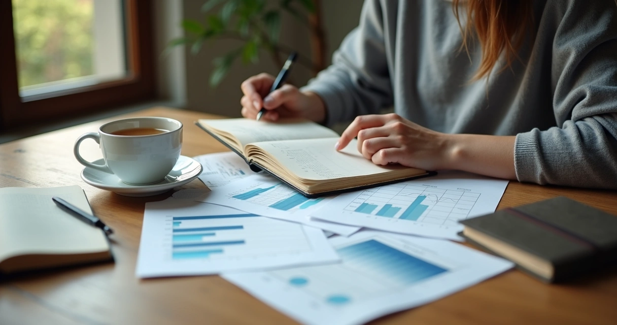 Person reading a journal beside printed charts on a desk