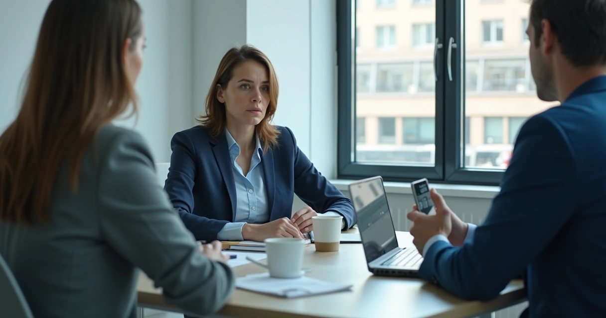 Person watching a neutral face in a meeting room