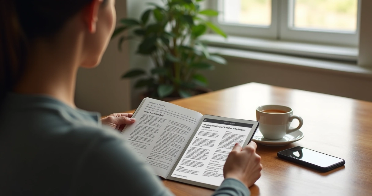 Person reading news calmly at a table with a phone face down nearby