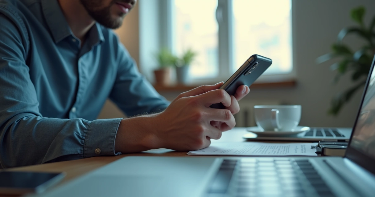Person reading a tense message on a phone at a desk 