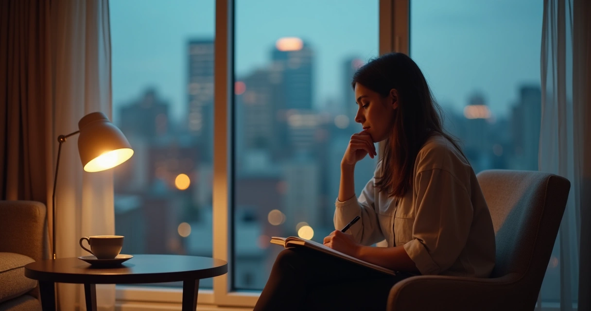 Person sitting by a window writing in a journal after work