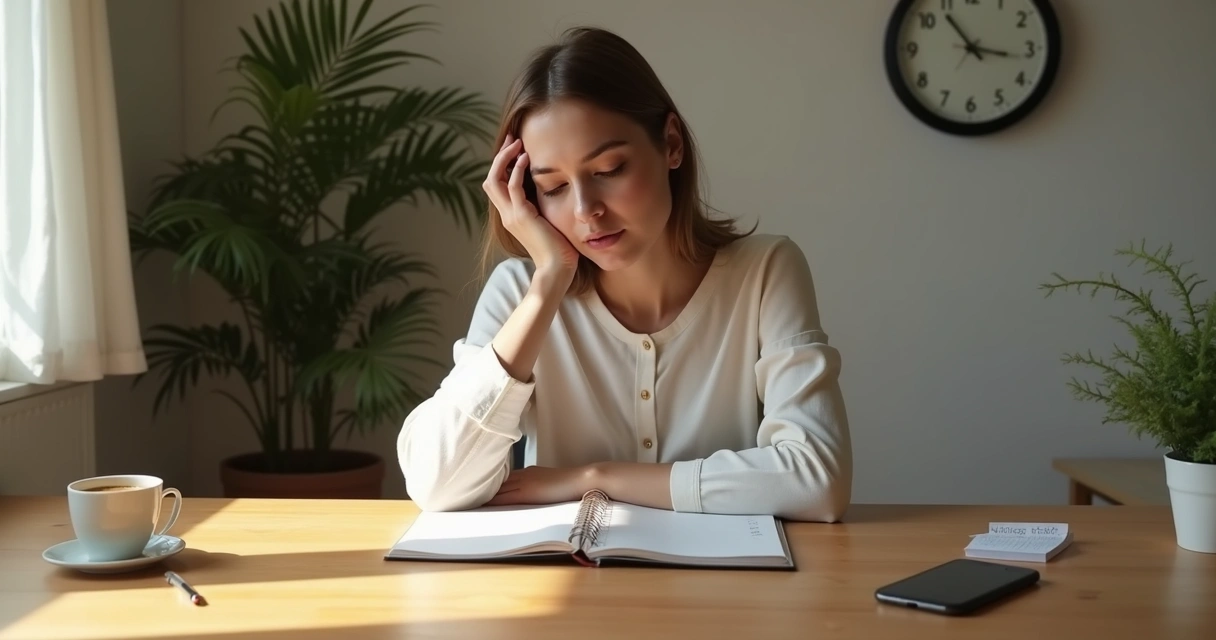 Person pausing at a desk with notes and phone nearby 
