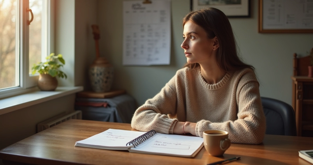 Person seated with notebook reflecting before a major decision