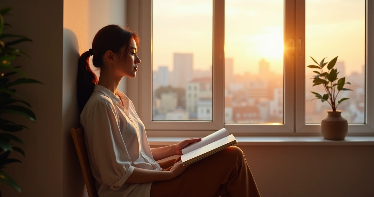 Person sitting by a window reflecting with a journal at sunrise