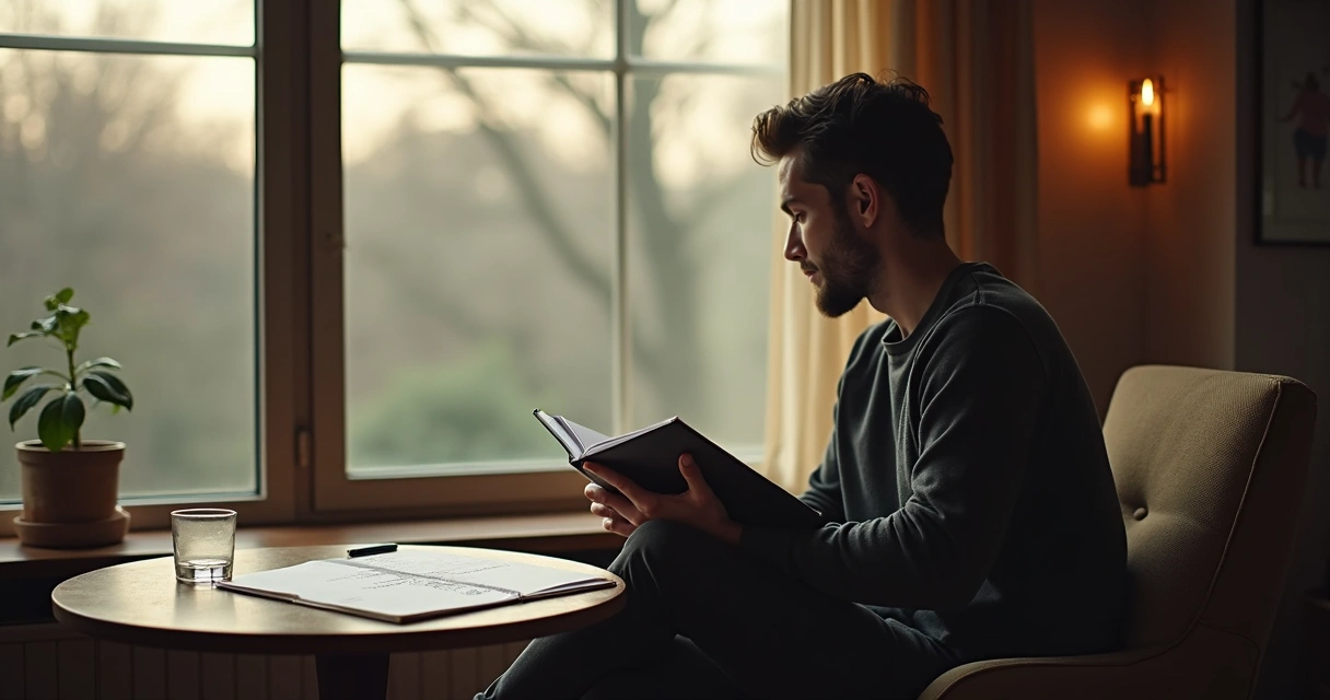 Person reflecting by a window with notes in hand