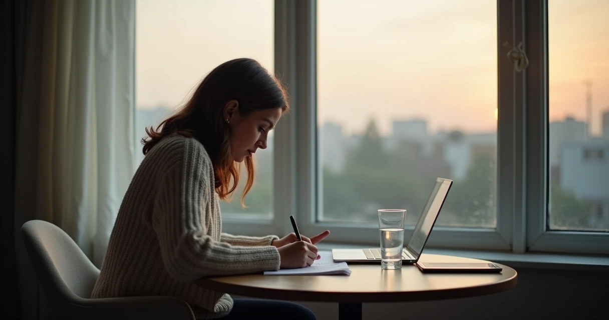 Person writing notes by a window during a quiet reflection moment 