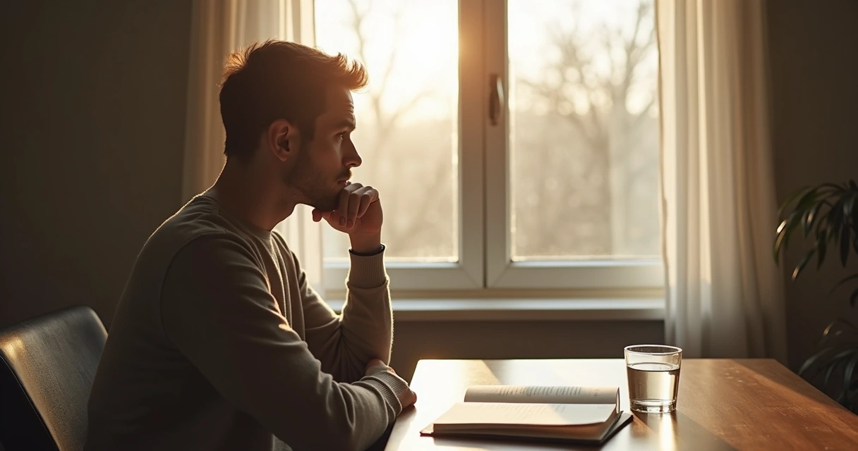 Person reflecting by a window with notes on a table 