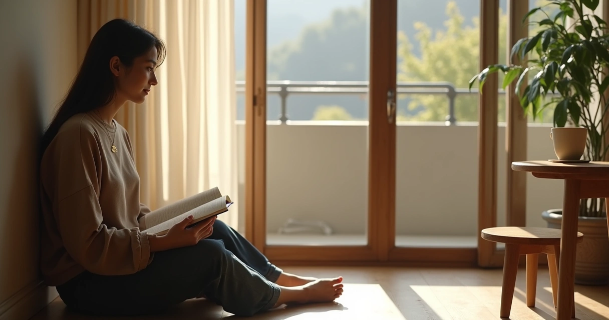 Person sitting by a window in quiet reflection 