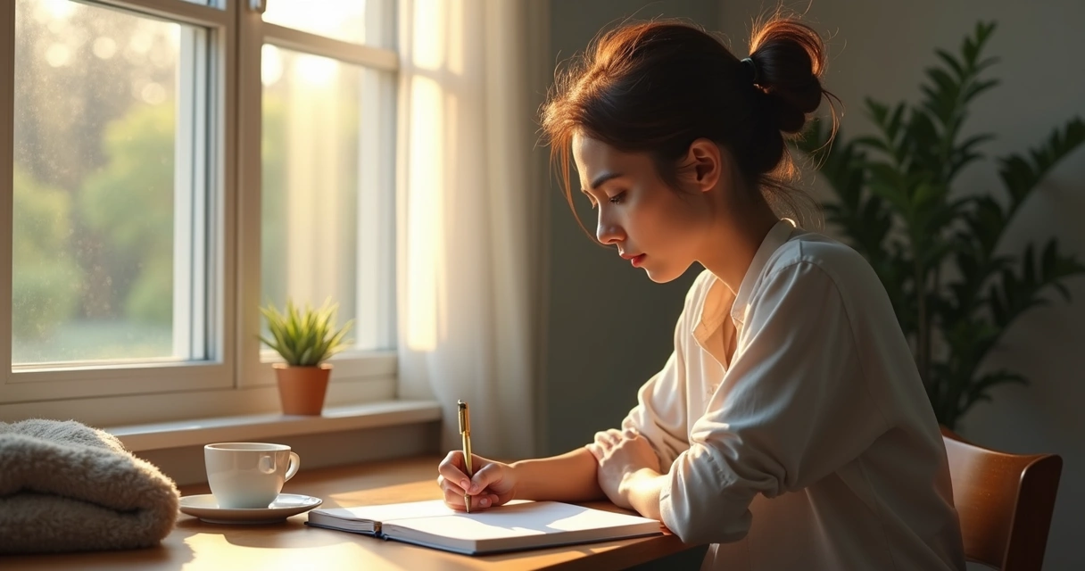 Person sitting by a window writing in a journal during a quiet moment 