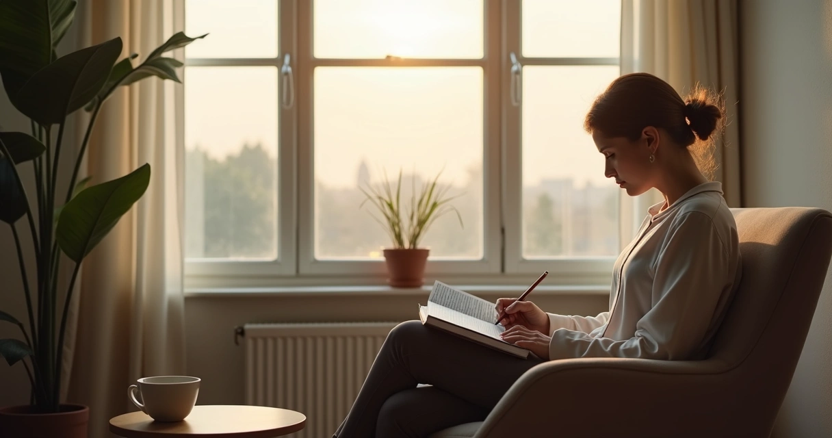 Person sitting by a window with a notebook in quiet reflection