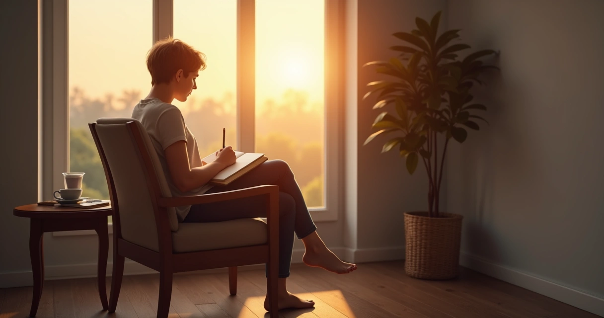 Person sitting by a window writing in a journal at sunrise