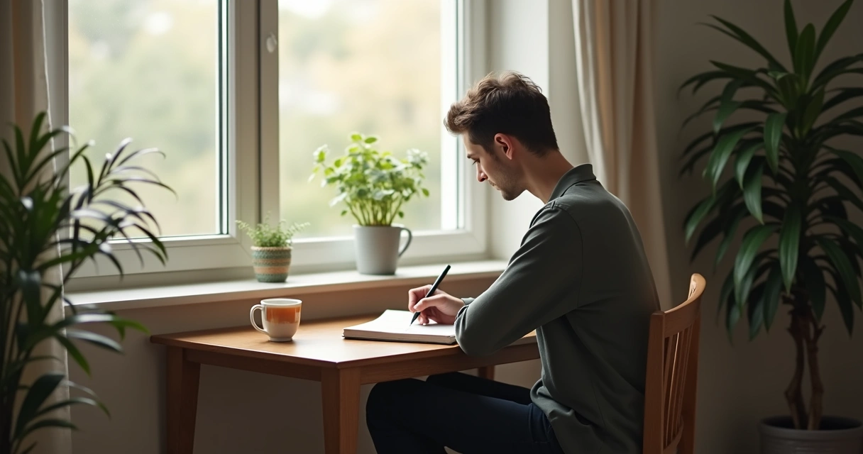 Person writing in a journal by a window in quiet reflection 