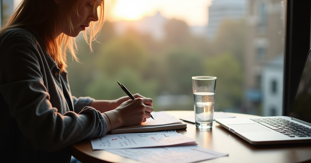 Person writing notes by a window during quiet reflection 