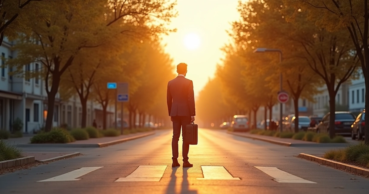 Person standing at a crossroads with city and community scenes ahead