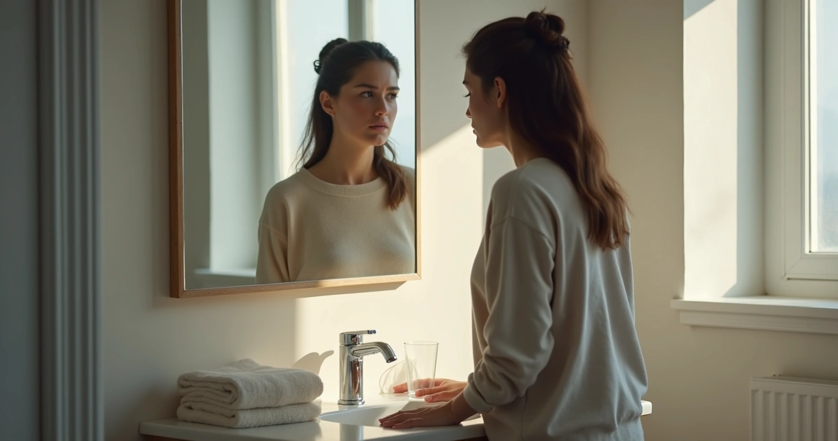 Person looking into a bathroom mirror in quiet reflection