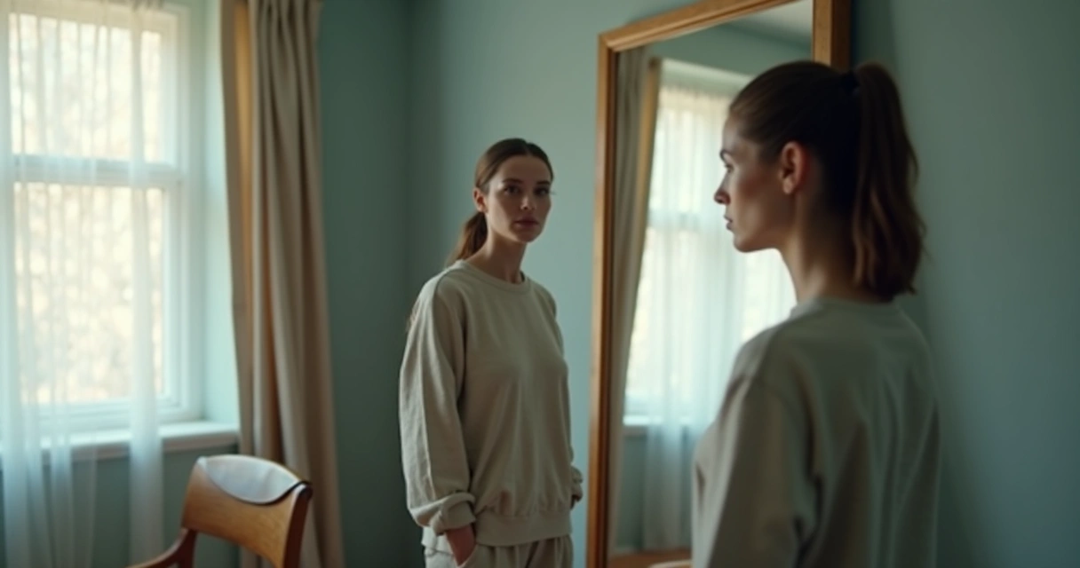 Person looking at mirror with split adult and child reflection 