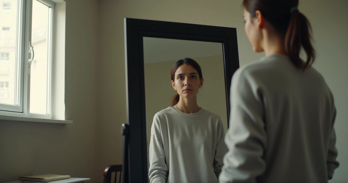 Person looking at a mirror with divided expressions