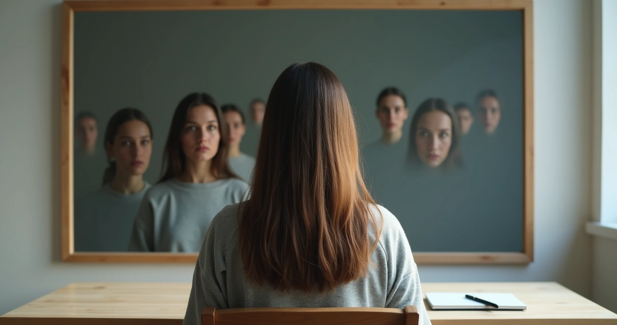 Person looking into fragmented mirror reflecting different versions of their face 