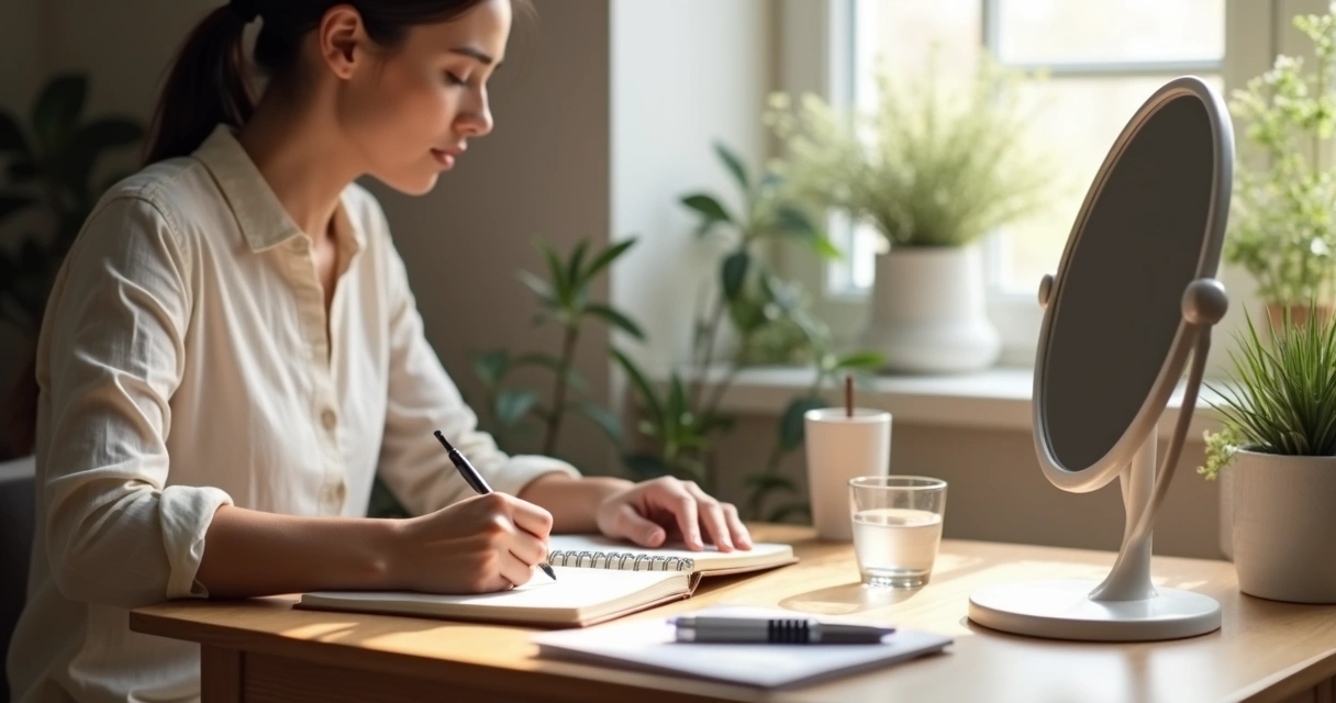 Person writing in a journal beside a mirror and window light