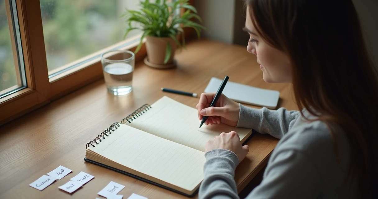 Person writing in a notebook near a window 