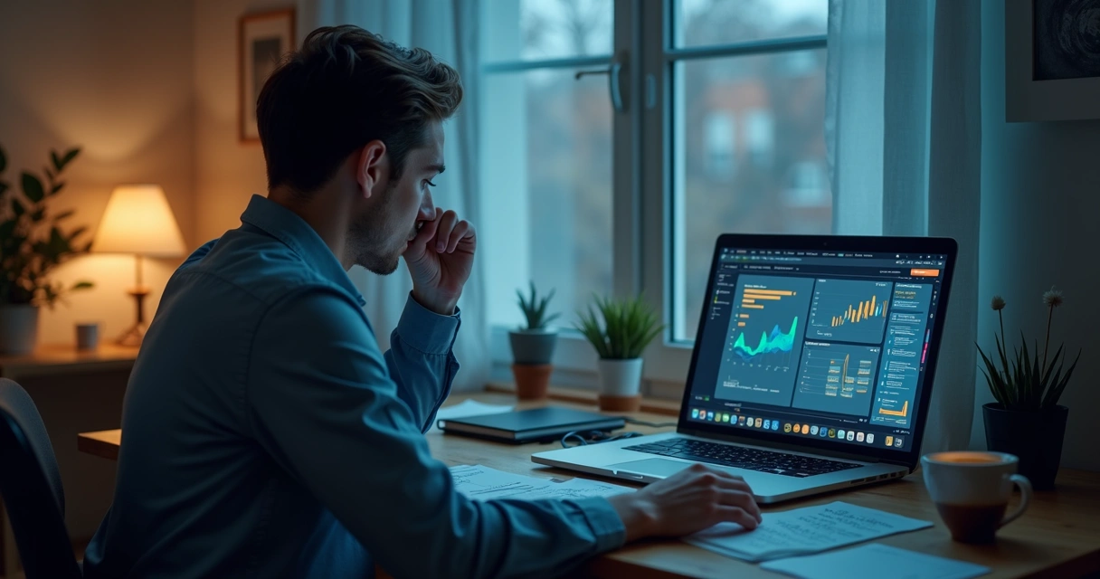 Person comparing notes and data on a laptop at home