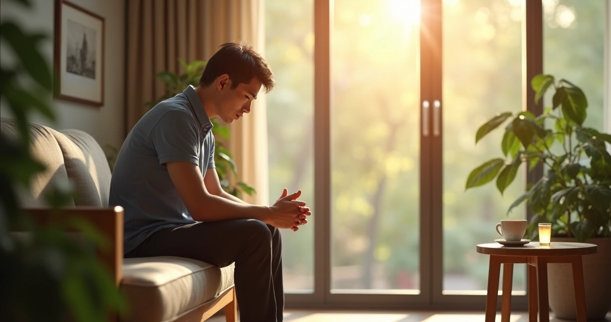Person sitting quietly reflecting, with soft natural light 
