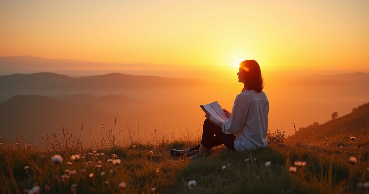 Person reflecting quietly at sunrise 