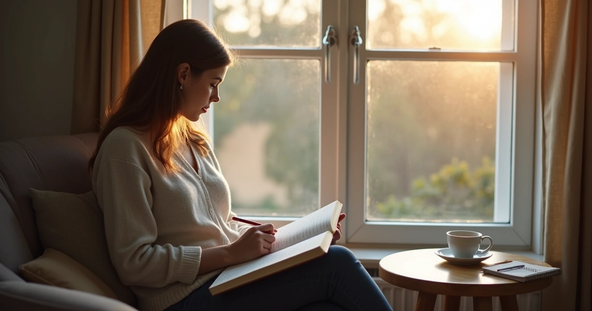 Person reflecting by a window with journal 
